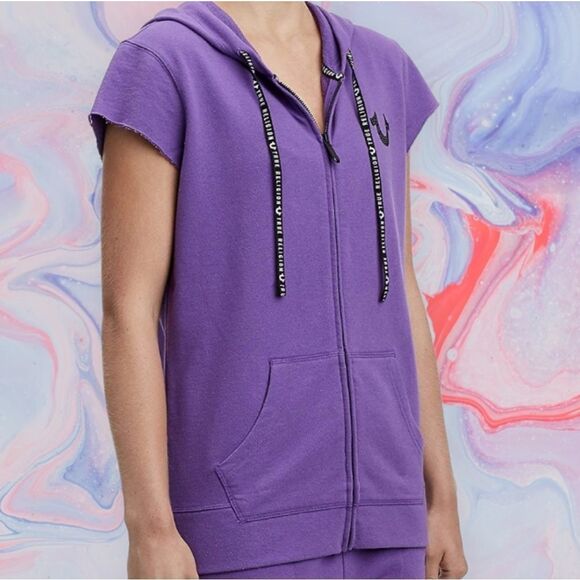 True Religion Women's Zip-Up Hoodie Sweatshirt XS NWT Short Sleeves  Purple - Picture 3 of 15